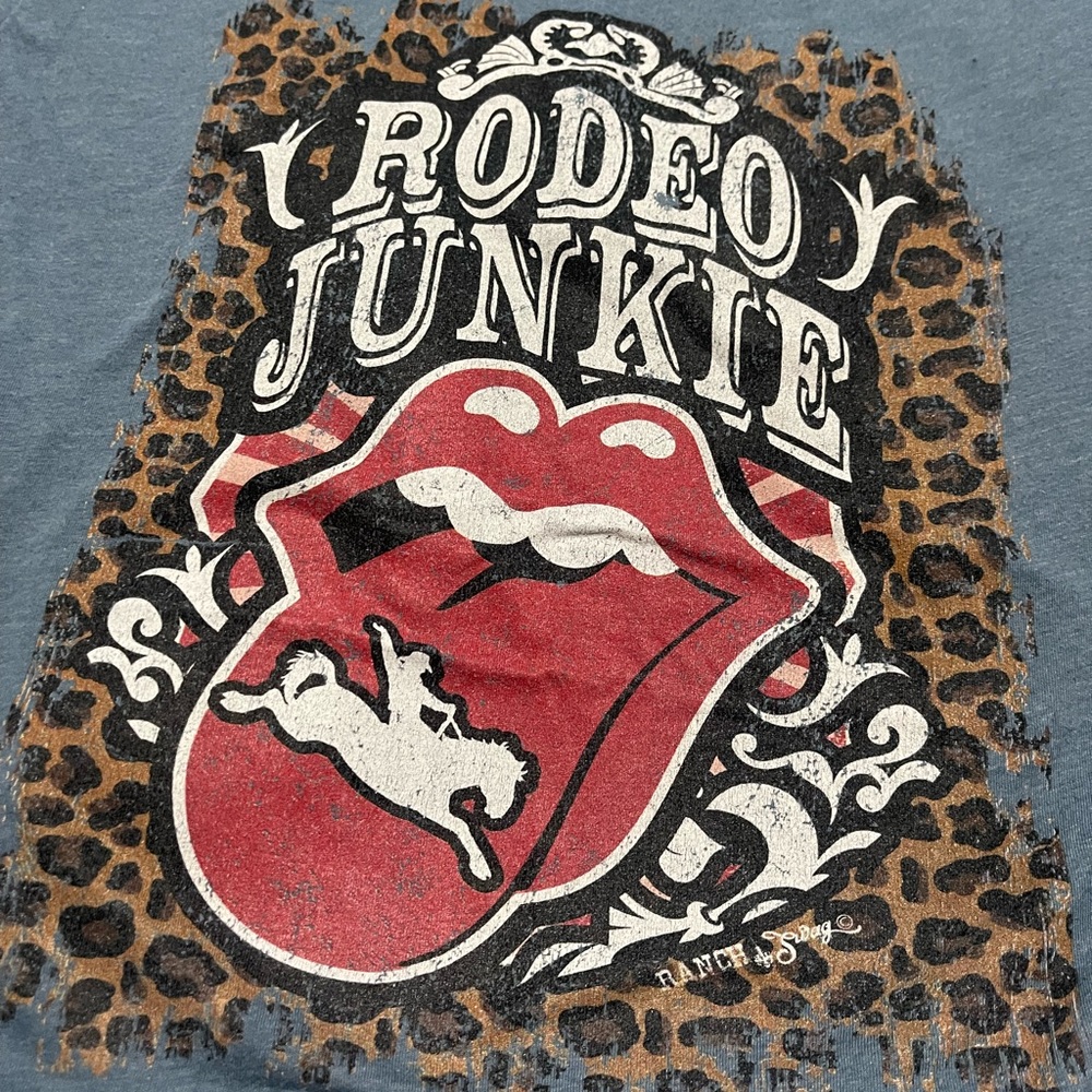 Rodeo junky junkie shirt jagged Rolling Stones vibes w/ leopard print country